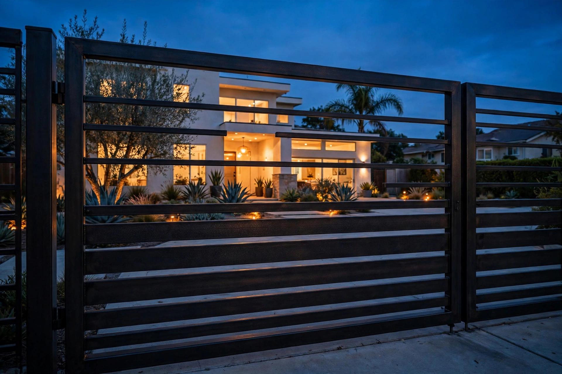 A modern driveway gate lit warmly at dusk