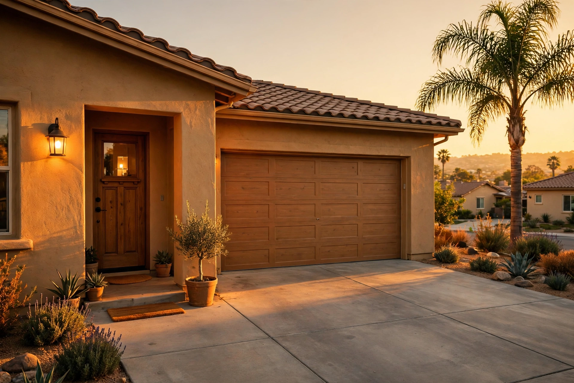 A San Fernando Valley home with its garage door at golden hour